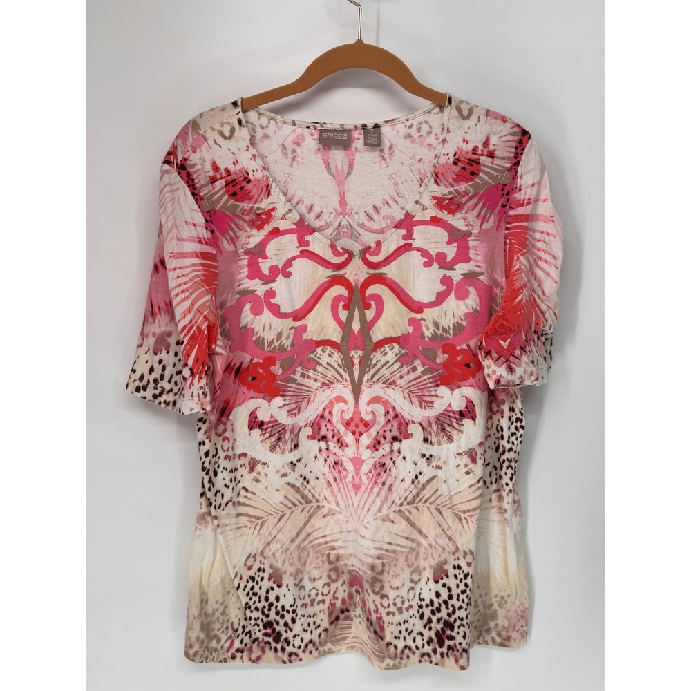 Chico's Top Women Size 2 Pink Abstract Animal Print V-Neck Short Sleeve Stretch
